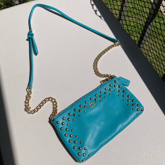 Coach Quinn Teal Blue Metal Bubble Studded Soft Leather Small Crossbody Purse - Picture 1 of 17